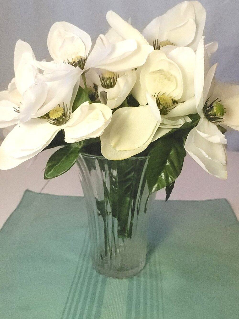 Clear Fluted Glass Vase Late 70s with Faux White Floral Arrangement